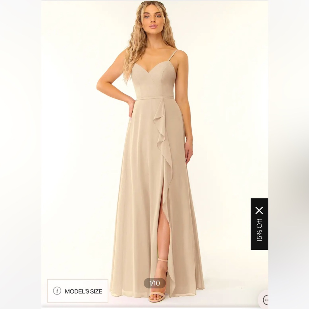 Azazie Naeem Champagne A Line V Neck Ruffle Chiffon Dress